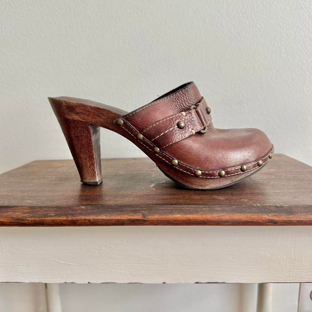 Banana Republic Leather Wood Clog Heel Size 8 70s y2k chocolate brown stud